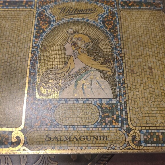 VINTAGE LGE 2 LB WHITMAN'S SALMAGUNDI ART MOSAIC TIN CANDY BOX ART NOUVEAU STYLE - Picture 3 of 9